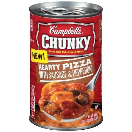 A marketing image of Campbell's Chunky Pizza soup.
